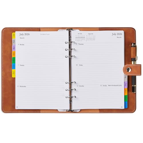 Agenda 2026 Semana Vista A5 Recargable, Planificador Anual con Pestañas Mensual, Página para Contraseñas Notas Contacto, Portabolígrafos, Tapa Blanda Cuero PU, Planner Diario Organizador, Ene a Dic