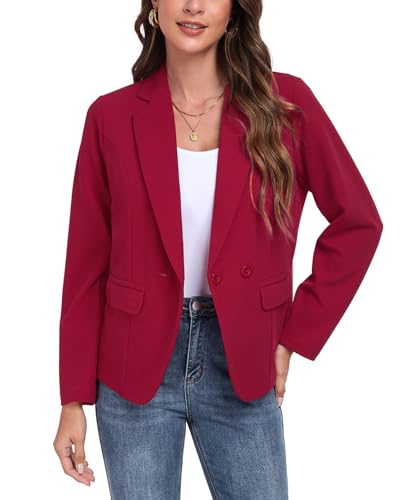Blazers for Women Long Sleeve Lapel Button Blazer Business Work Office Jackets with Pockets, Red