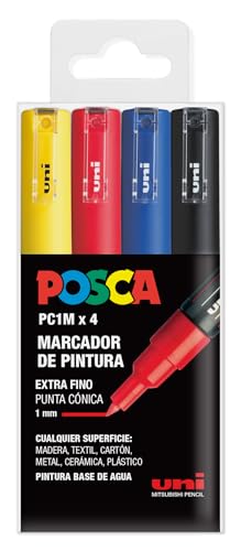 Marqueurs PC1M Uni Posca lot de 4 pointes extra fines coniques couleurs de base