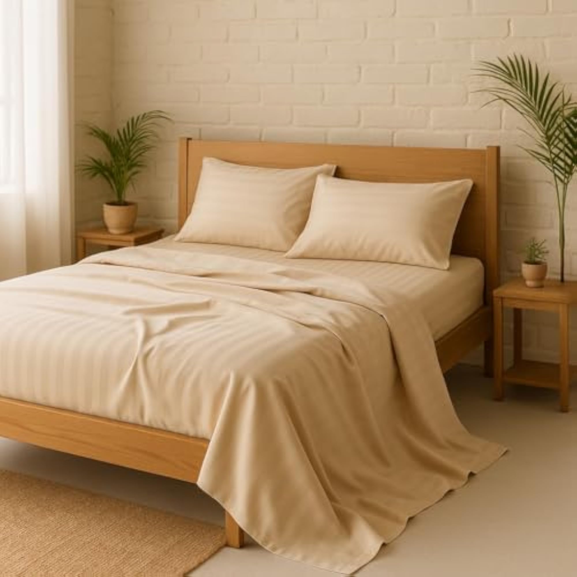 300 TC Satin Stripe Queen Size Bedsheet with 2 Pillow Covers