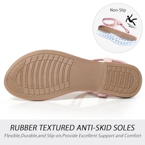Image of iCKER Womens Braided T‑Strap Flat Sandals Elastic Stretch Ankle Strap | Boho cute casual lightweight and comfort matches dresses for beach vacation