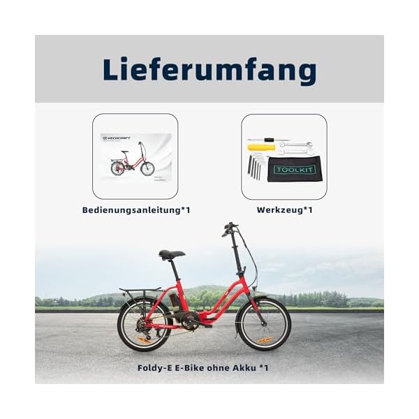 VecoCraft FOLDY-E Doppelbalken 20 Zoll klapprad e-Bike, kompatibel mit Einhell 18V 2x5.2Ah Akkus, e-Bike mit Shimano 7-Gang Schaltung mit 25 km/h 250 W Motor, 20" Aluminium klappfahrrad Erwachsene – Bild 8