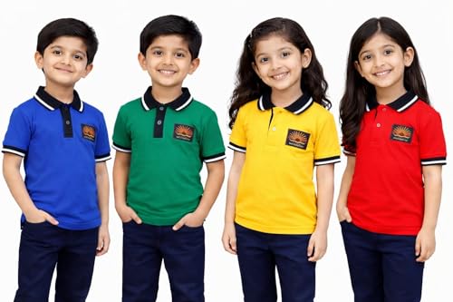 Image of KV School Uniform T-Shirt for Boys & Girls | Kendriya Vidyalaya Blue Polo Neck Half Sleeve Cotton Blend T-Shirt for Kids | Comfortable Daily School Wear