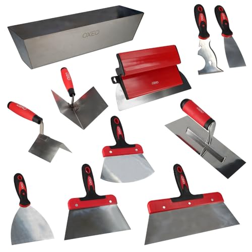 Kit outils plâtrier - 11 outils - Acier inoxydable - idéal bande à joint - Bac - Couteaux - Platoir - Spatules -Truelles d'angle