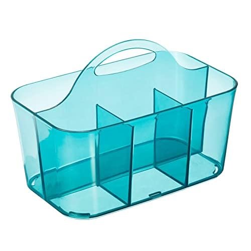 Image of mDesign Plastic Portable Craft Storage Organizer Caddy Tote, Divided Basket Bin w /Handle - Craft, Sewing, Art Supplies - Holds Brushes, Colored Pencils - Lumiere Collection - Dark Aqua Blue Tint