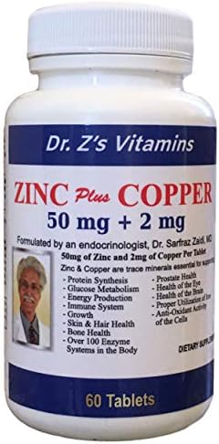 Dr. Z's Vitamins: Zinc Plus Copper - 50 MG of Chelated Zinc and 2 MG of Copper - Supports: Energy, Immune System, Skin & Hair, Glucose Metabolism, Eye and Brain - 60 Easy to Swallow Tablets