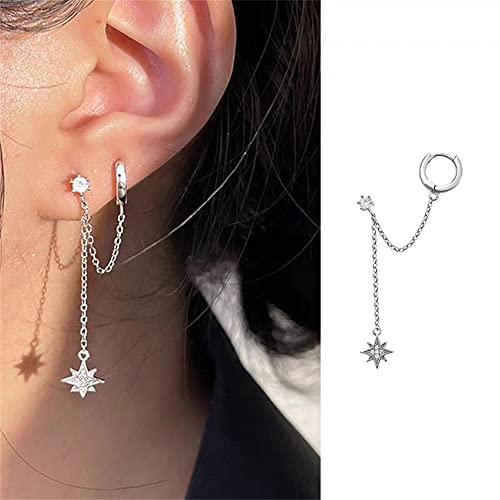 Star 925 Sterling Silver Double Piercing Earrings Huggie Cuff Chain for Women Teen Girls 2 Holes CZ Charm Dangle Drop Small Hoop Earrings Cartilage Climber Jewelry2