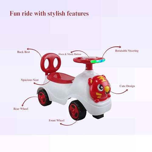 Image of kidsROAR Push Ride On Car for Kids 1-5 Years | Baby Push Car with Music, 3D Lights & Backrest | Premium Ride On Toy Supports Up to 35kg (Tiger, RED)