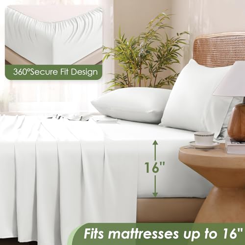 Image of MICORAL Queen Sheet Set, Rayon Derived from Bamboo Cooling Sheets for Queen Size Bed Set, Breathable & Soft, Deep Pocket Up to 16 inch, Hotel Luxury Silky Bedding for Hot Sleepers, White