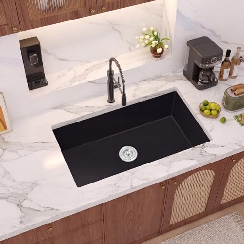 Rhbamoa Black Undermount Kitchen Sink,32 Inch Matte Black Granite Composite Kitchen Sinks,10 Inch Depth Single Bowl Sinks, 32''x18'' Large Quartz Sink with Accessories