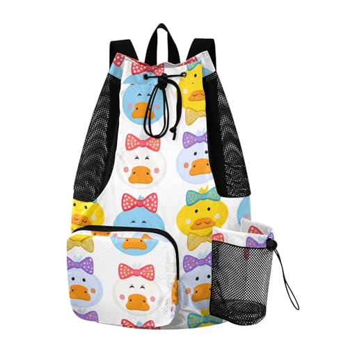 Cartoon Duck Bowtie White Drawstring Gym Backpack for Men Women Pull String Sports Swim Bag with Mesh Pocket & Adjustable Strap Beach Backpack for Travel Outdoor Swimming