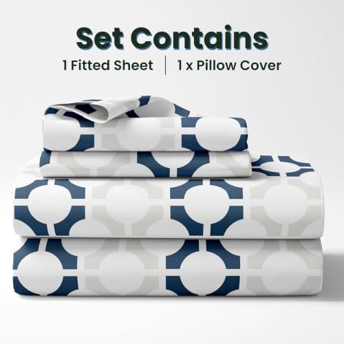 Image of LORETO - A QUALITY LINEN BRAND 144 TC 100% Pure Cotton Single Fitted Bedsheet with 1 Pillow Cover for 72 x 36 Inch Mattress, All-Around Elastic, 8 Inch Deep Pocket, Colonial Blue Matrix