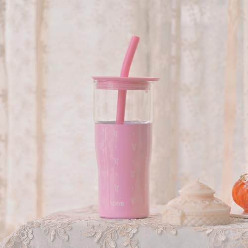 Image of YOME 20oz Elegant Bow Pink Insulated Glass Tumbler with Lid & Straw for Women Gift | Stainless Steel Iced Coffee Cup | Keep Drinks Cold |Cupholder Friendly |Ideal for Iced Coffee, Smoothies & Boba
