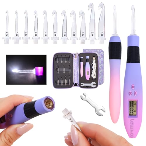 Image of Lewhoo Lighted Crochet Hooks Set, 11 Size Light up Rechargeable Crochet Needle for Fluffy Yarn with Counter 2.5-8.0mm, Ergonomic Handle with Screw Gradiant Purple Glow in Dark