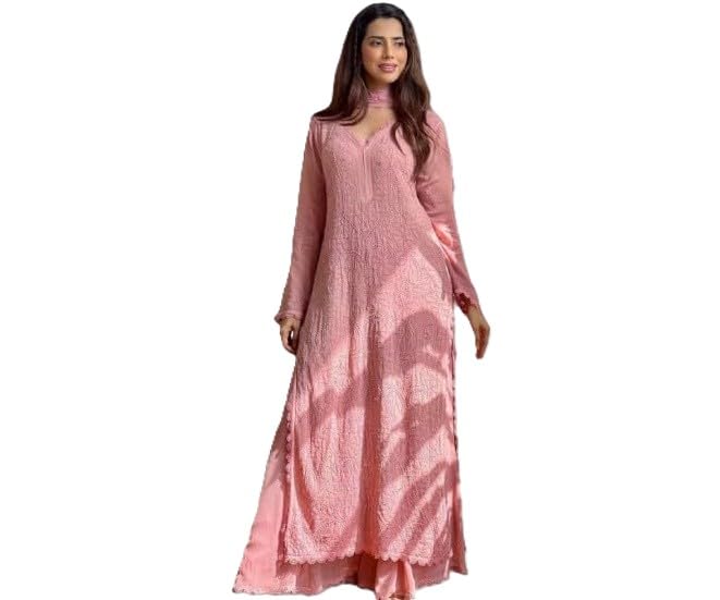 Image of Women's Chikankari Embroidered 3 Piece Suit Set in Faux Georgette - Long Gown Style Kurta with Lining with Dupatta