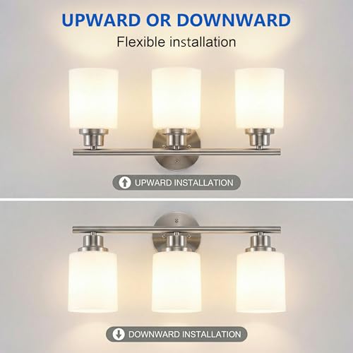 Image of Unicozin 3 Light Bathroom Light Fixtures, Modern Vanity Lights with Milky Glass Shade, Brushed Nickel Wall Lamp Over Mirror for Bathroom, Living Room, Cabinet, Bedroom, E26 Base