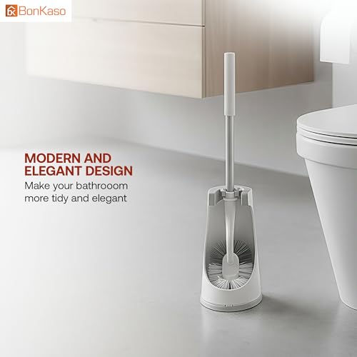 Image of BonKaso Tilly Toilet Brush with Holder for Bathroom Cleaning | TPR Soft Bristles & Anti-Scratch Design | Ergonomic Handle Toilet Brush for Deep Cleaning | Durable, Quick Drying - Light Grey & White