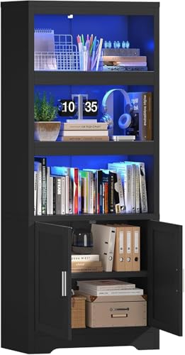 Image of Book Shelf and Bookcase with Doors, 5-Tier Display Storage Cabinet with Adjustable Shelves, Open Compartments, Remote Control LED Lights, Tall cabinet for Bathroom Kitchen Living Room, Home Office