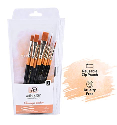 Artist’s Den Synthetic Hair Mix Brushes Set for Acrylic, Watercolor, Gouache & Oil Painting (Set of 8 Mix)