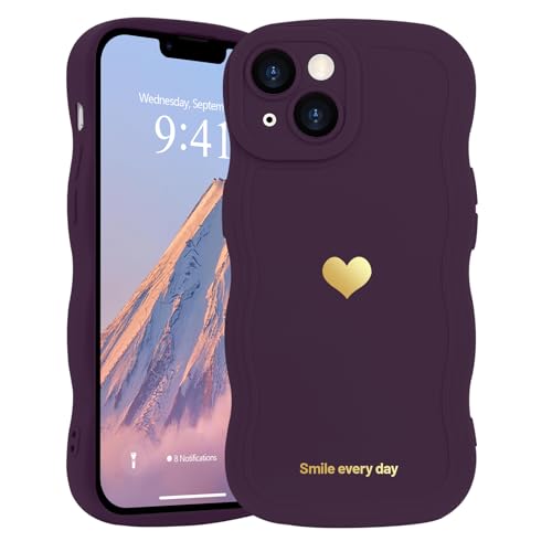 LAPOPNUT for iPhone 14 Case,Cute Curly Wave Frame Love Heart Phone Case for Girls Women,Soft Silicone TPU Bumper Shockproof Camera Protective Cover for iPhone 14 6.1 inch,Dark Purple