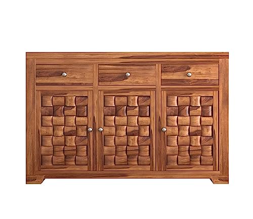 Image of Credenza Sheesham Wood Sideboard Cabinet | 3 Drawer & 3 Shelf Solid Wood Storage | Honey Finish Buffet Table for Living Room, Dining Room, Kitchen Cabinet & Home Furniture