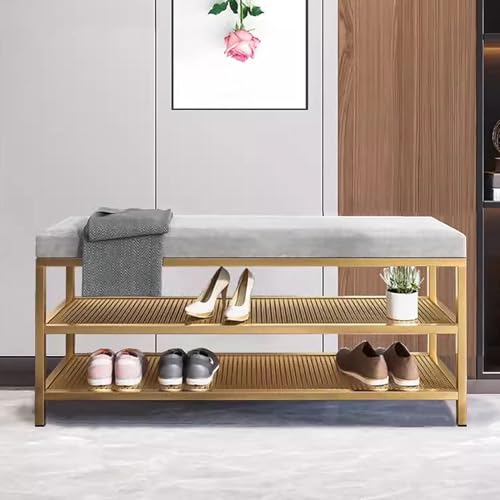 Zapatero acolchado de terciopelo dorado moderno para entrada, banco tapizado para sala de estar y dormitorio, banco de almacenamiento para pasillo