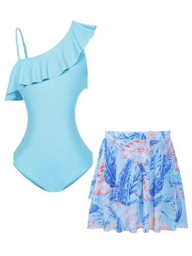 Haloumoning Girls One Piece Swimsuits with Mesh Skirt Ruffle One Shoulder Cut Out Bathing Suit Swimwear 5-14Y