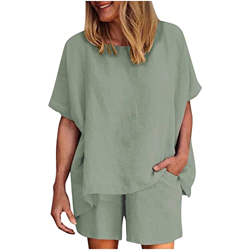 Linen Sets For Women Summer 2 Piece Outfits Solid Color Elastic Waist Suit Short Sleeve Round Neck Hawaiian Tops & Shorts Sets Plus Size Tracksuits Casual Lounge Sets Boho Matching Sets For Beach #TOP23