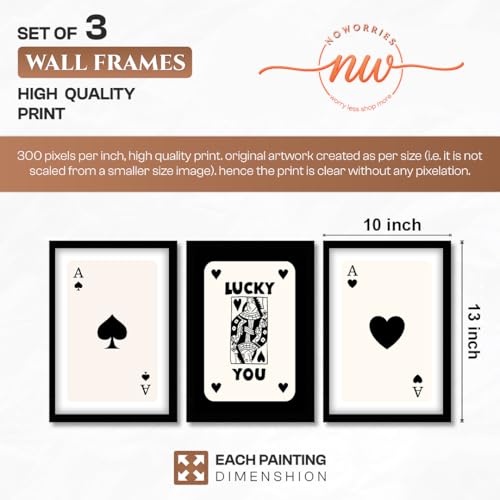 Image of NoWorries Playing Cards Wall Framed Painting Set | Lucky Card Art & Heart Ace Posters Frames | Premium 300 GSM Paper Print with Synthetic Wooden Frame | Minimal Black & White Aesthetic Wall Decor for Living Room & Bedroom (Pattern-illustration) (Set of 3) (BLACK, ART-5, 10X13INCHES)