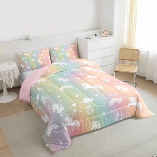 Image of Erosebridal Girls Unicorn King Bedding Set Rainbow Unicorn Comforter Set for Kids Child Ombre Stars Moon Comforter Fantasy Girls Room Decor Rose Flower Duvet Insert Cartoon Kawaii Bed Set