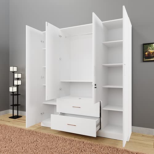 Image of VIKI Wardrobe | Wooden Almirah for Clothes,Door for Bedroom, 4 Door Wardrobe with Drawer & Hanging Space (Frosty White - 40D x 160W x 180H) | 1 Year Warranty | Free Assembly