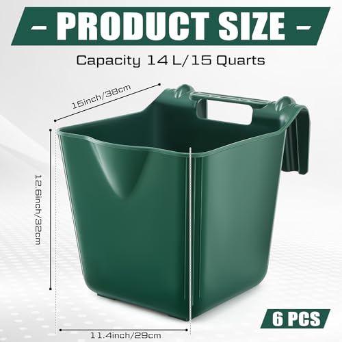 Image of Marsui 6 Pcs 15 Quart Horse Feeders for Stall Hook Over Hanging Fence Hay Feeder Mountable Livestock Plastic Feed Bucket for Farm Stalls Pasture, Stable to Feed Horses Sheep Cattle Cows Etc (Green)