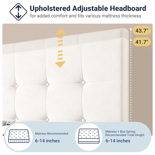 Image of Allewie Upholstered Full Size Platform Bed Frame with 4 Storage Drawers and Adjustable Headboard, Square Button Tufted, Wooden Slats Support, Noise-Free, No Box Spring Needed, Easy Assembly, White