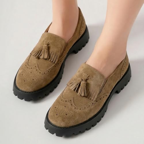 Image of BEAU TODAY Chunky Loafers for Women, Women's Leather Platform Loafers, Lug Sole Tassel Slip On Loafers Shoes Brogues Wingtip Casual Business Shoes Comfortable Dressy