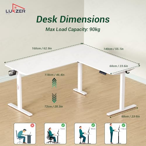 Image of Lukzer L-Shape Electric Height Adjustable Desk with USB & Type-C Digital Display Advance Memory Preset Sit Stand Home Office Table (EST-001 /UC-White & White /160 x 140 cm) DIY with 3 Years Warranty