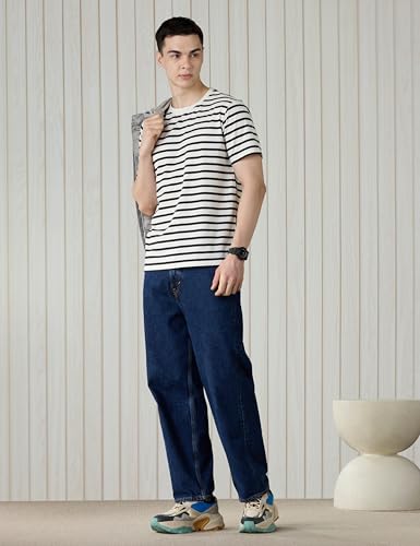 Image of Amazon Brand - Symbol Men Cotton Rich Relaxed Fit Striped Tshirt | Half Sleeves | Available in Plus Size
