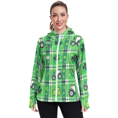 Tractor Green Plaid Shamrock Hoodie Jacket Upf 50+, Long Sleeve Zip up Outdoor Jacket