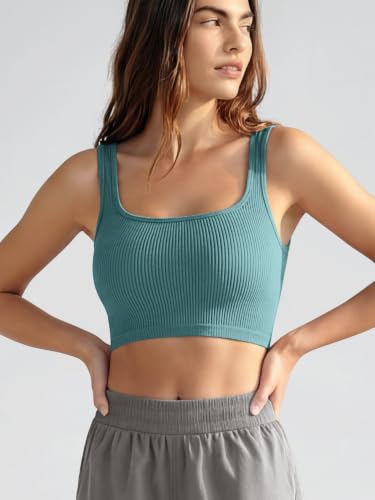 Image of ODODOS 3-Pack Seamless Square Neck Crop Tank for Women Ribbed Knit Soft Low Back Cropped Tops