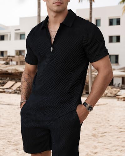 Short Sets for Men 2 Piece Lounge Set Solid Zipper Shirt and Stretch Shorts2