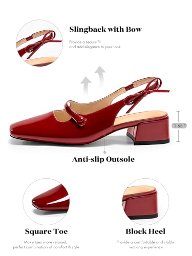Image of Coutgo Womens Mary Jane Shoes Slingback Chunky Low Heels Bow Closed Square Toe Pumps Wedding Party Dress Shoes