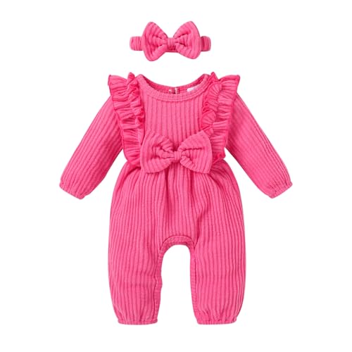 Image of Happy Town Baby Girl Romper Infant Fall Winter Clothes Ruffle Sweater Long Sleeve Bodysuit Jumpsuit and Headband