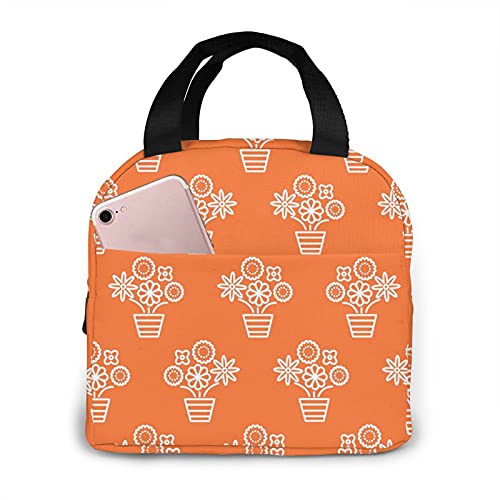 XVBCDFG Fiambrera cálida Bolsa de asas reutilizable Bolsa de almuerzo aislada Coral Naranja y línea blanca Macetas Bolsa térmica sin costuras Bento para muje