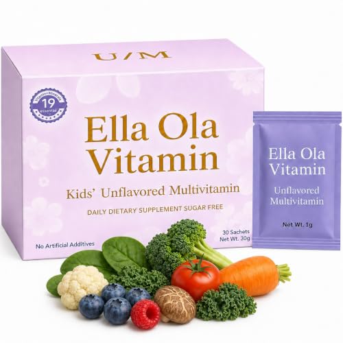 Ella Ola Vitamin Unflavored Multivitamin Powder Daily Stick Supplement with 19 Vitamins and Minerals & 15 Fruits and Veggies Zero Sugar Vegan Gluten Free 30 Sachets