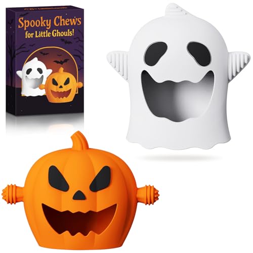 Image of Halloween Baby Teething Mitten Toys 2Pack, Silicone Pumpkin & Ghost Teethers for Newborns, Infants & Toddlers, Easy-Grip Hand Teething Gloves for Relief, Perfect Baby’s First Halloween Basket Stuffers