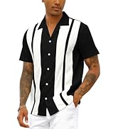 Mens Vintage Bowling Shirt Cotton Linen Beach Shirts Short Sleeve Button Down Summer Tops