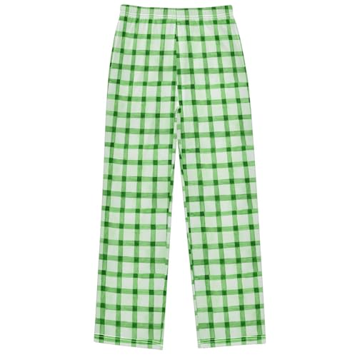 Boy's Pj Pants Watercolor Green Checkered Lounge Bottoms Elastic Waist Kids Joggers with Pockets Size 6-14