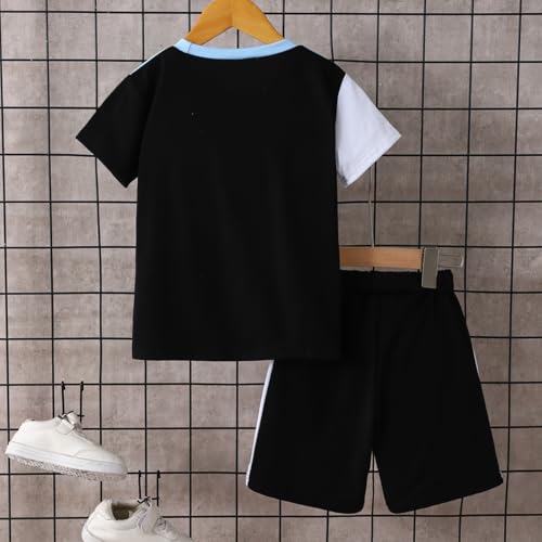 Image of Ayzozuy Boy Clothes Colorblock Top + Drawstring Waist Shorts 2 Pieces Kid Summer Outfits Set