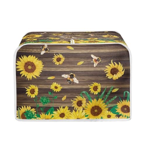 Image of Talayituse Sunflower Bee Wood Print 2 Slice Toaster Covers Dust Protection Bread Maker Covers Toaster Oven Cloth Cover Kitchen Accessories Washable Appliance Cover with Handle