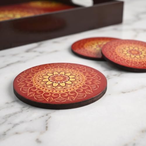 Image of GKD Serving Tray Set for Serving | Premium MDF Tea Coffee | Red Mandala Art