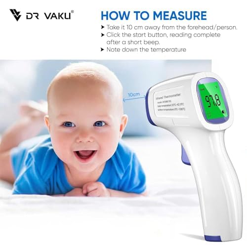 Image of DR VAKU Infrared Digital Thermometer Non-Contact Temperature Gun for Adults & Children Quick & Accurate Read Fever Detection LCD Display Memory Function [Battery Included- White & Blue